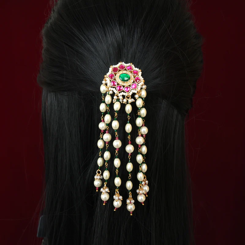 Kundan Bridal Hair Choti – Star Chakra Rice Pearl Drops (Ruby & Green)